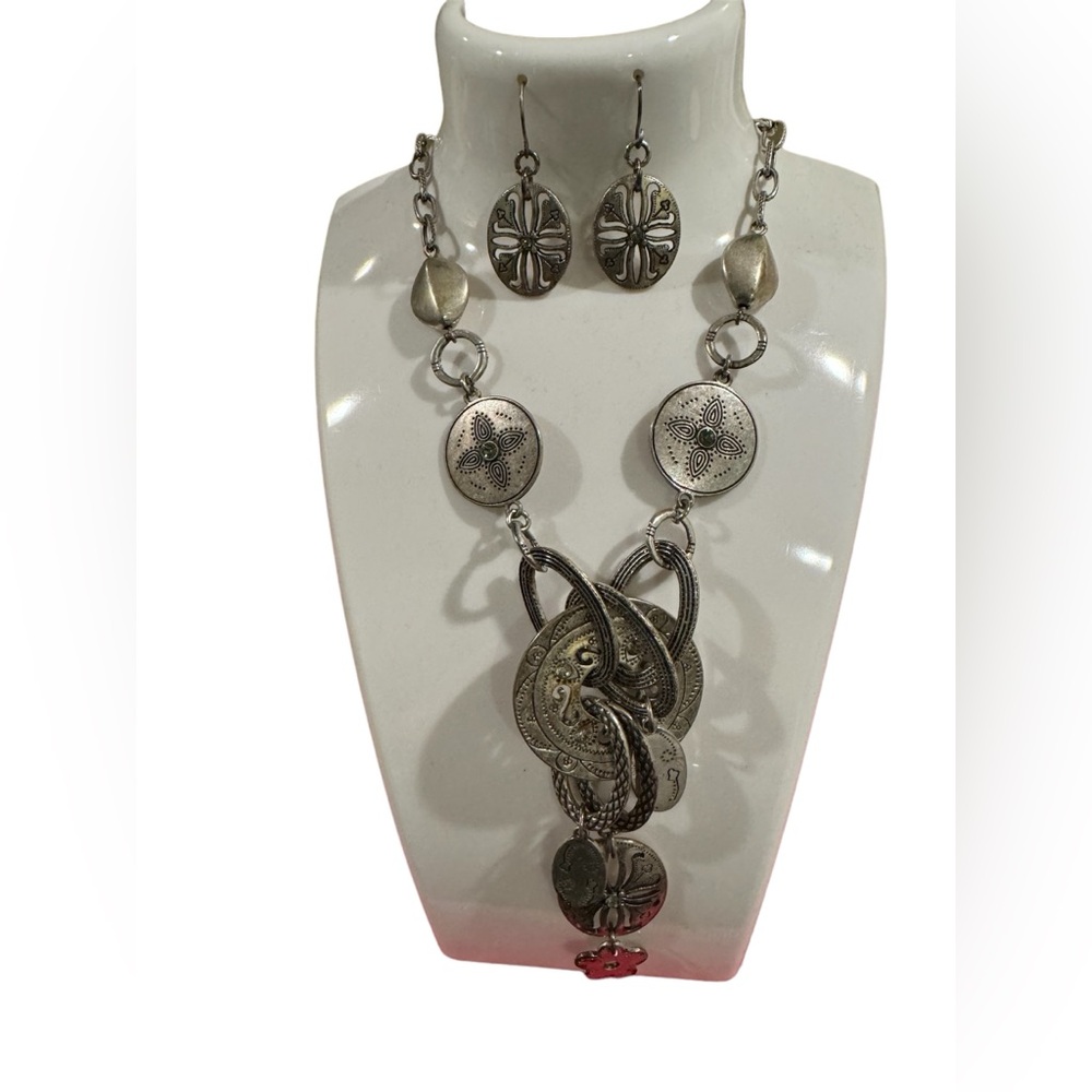 Chicos Silver tone necklace and earrings set.